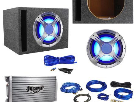 NYC Acoustics NC12S4 1600w 12  LED Subwoofer+Vented Sub Box+Boss Amplifier+Wires For Discount