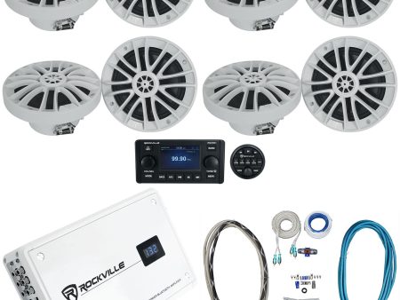 (8) Rockville RM-PREMIUM-65 WHITE 6.5  600w Marine Boat Speakers+Amp+Receiver For Discount