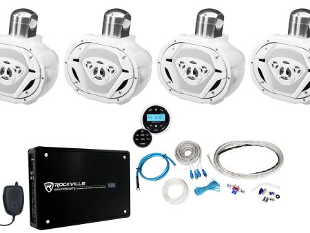 (4) Boss MRWT69W 6x9  500w White Marine Wakeboard Speakers+Receiver+Amp+Wire Kit Online