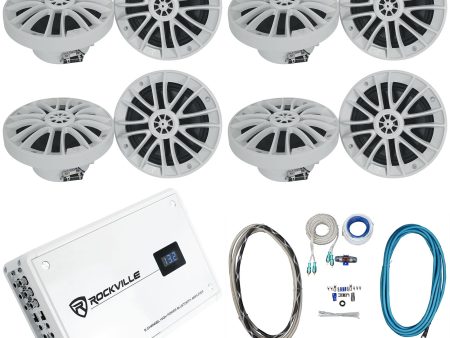 (8) Rockville RM-PREMIUM-65 WHITE 6.5  600w Marine Boat Speakers+8-Channel Amp Online