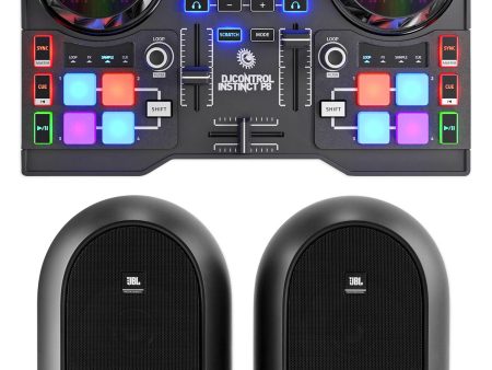 Hercules Instinct P8 2-Deck USB DJ Controller+Pads w Lights+JBL Monitor Speakers Supply